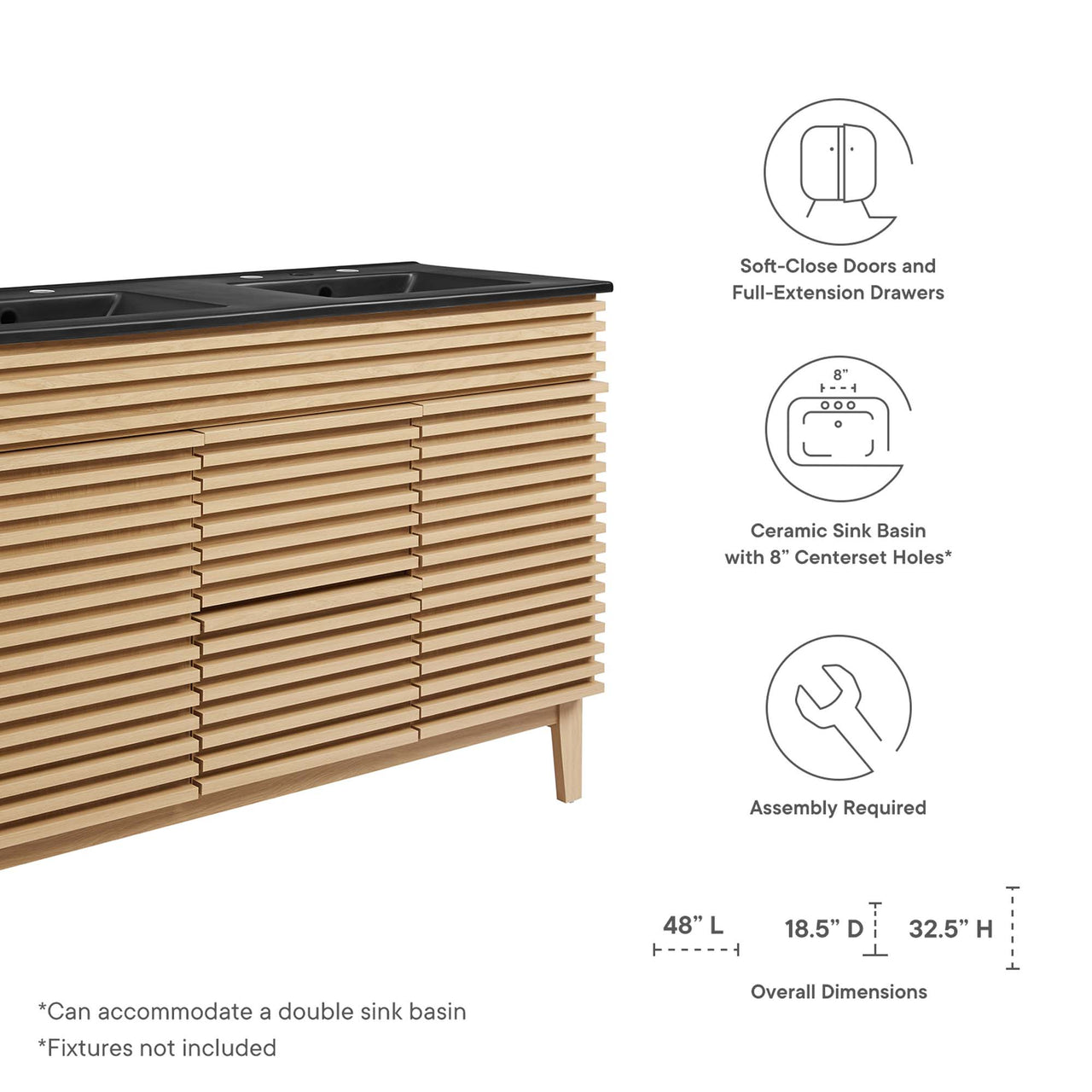 Ventra Double Sink Vanity Unit, Extra Large, Oak & Black