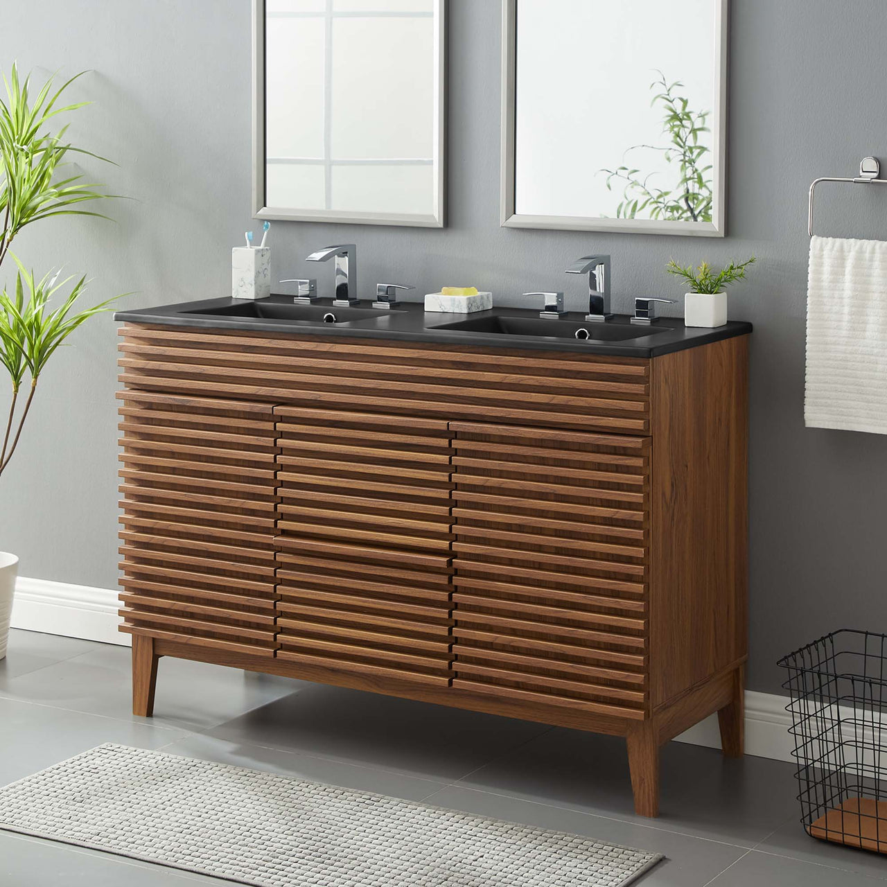 Ventra Double Sink Vanity Unit, Extra Large, Walnut & Black