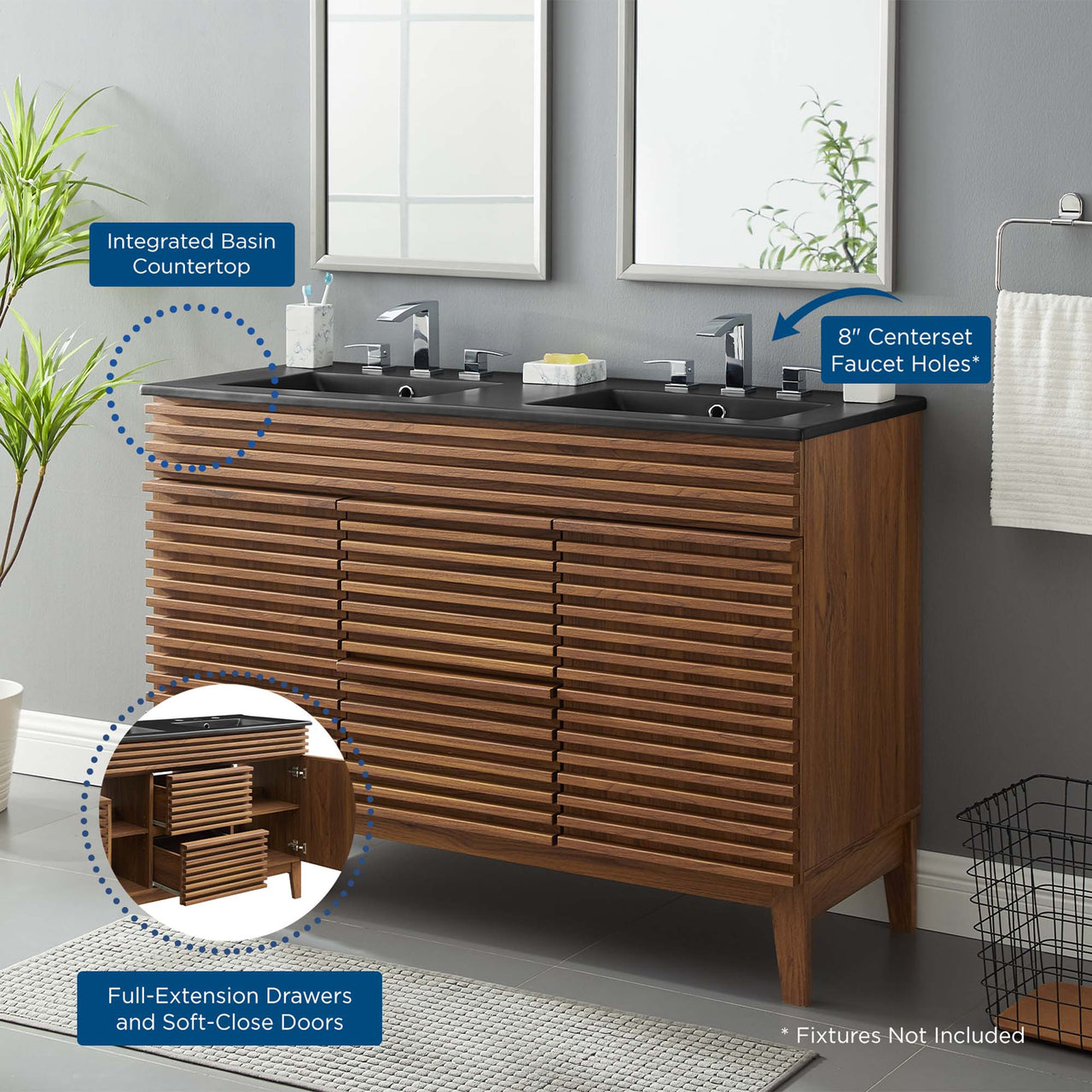 Ventra Double Sink Vanity Unit, Extra Large, Walnut & Black