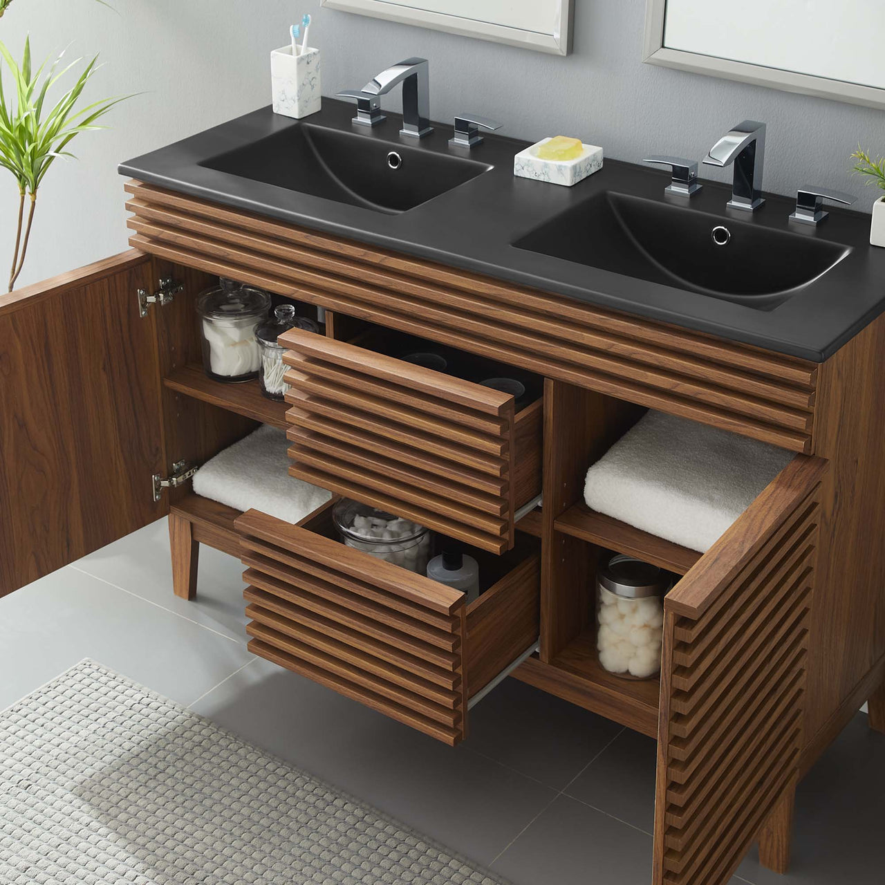 Ventra Double Sink Vanity Unit, Extra Large, Walnut & Black