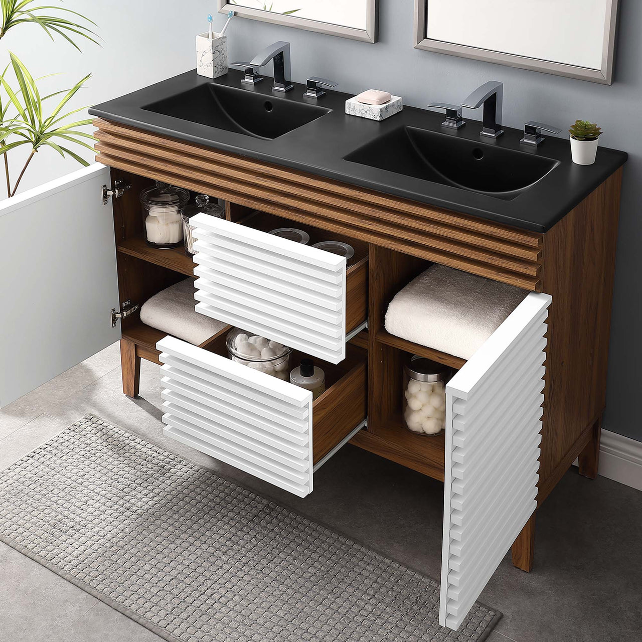 Ventra Double Sink Vanity Unit, Extra Large, White, Walnut and Black