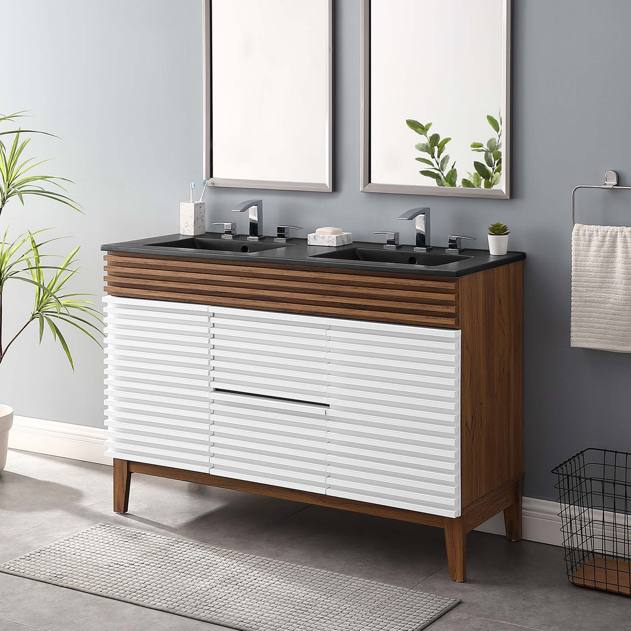 Ventra Double Sink Vanity Unit, Extra Large, White, Walnut and Black