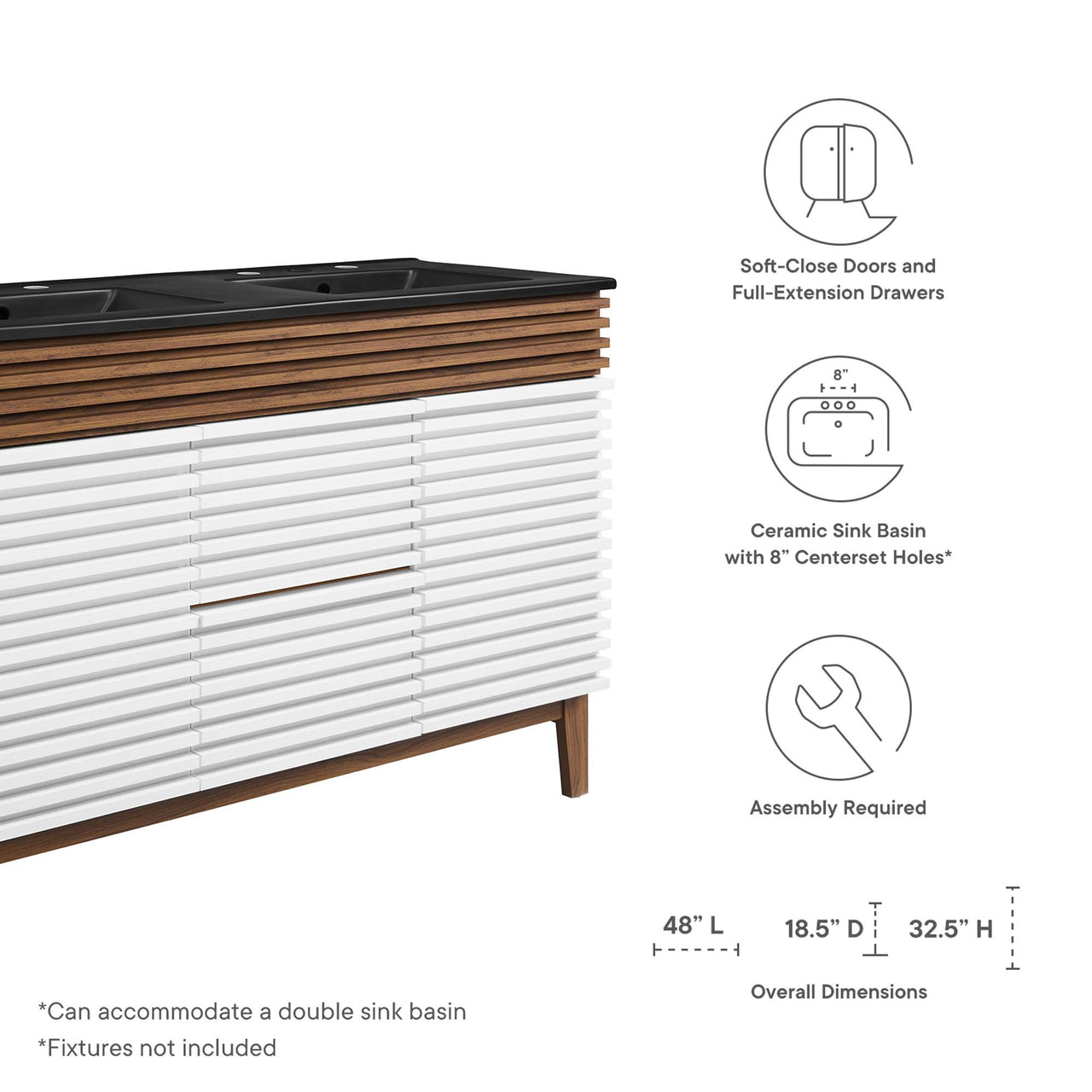 Ventra Double Sink Vanity Unit, Extra Large, White, Walnut and Black