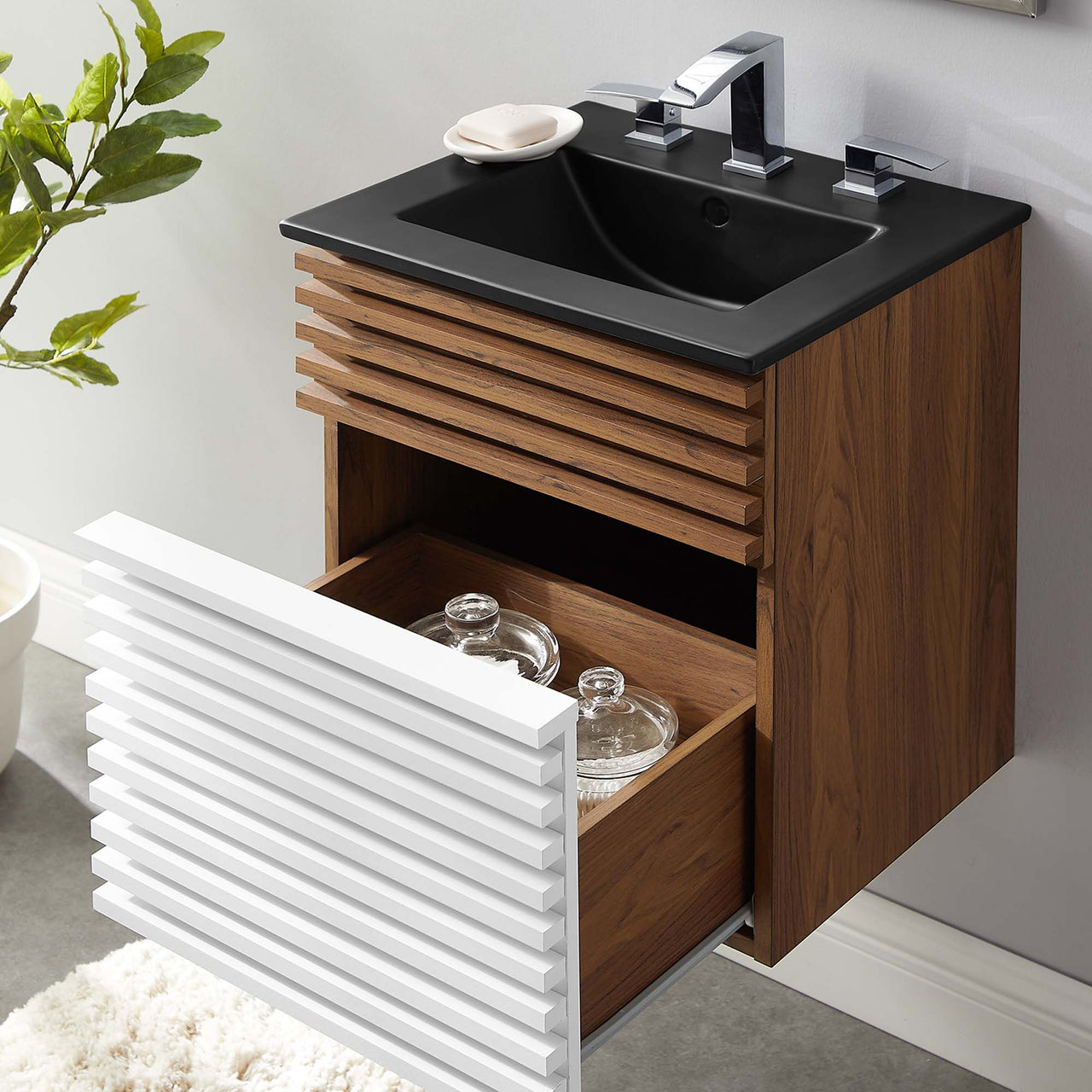 Ventra Floating Vanity Unit, Extra Small, White, Walnut and Black