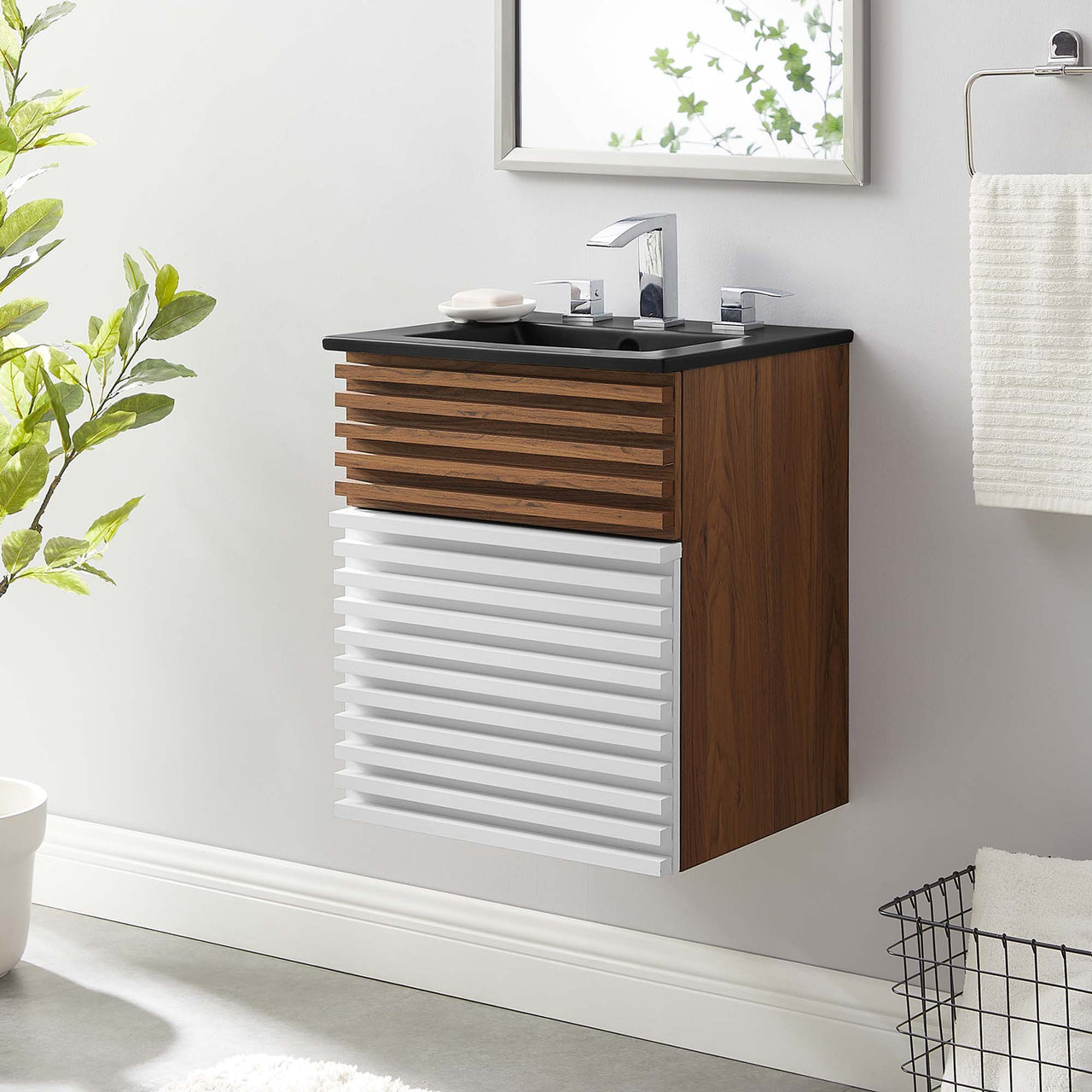 Ventra Floating Vanity Unit, Extra Small, White, Walnut and Black