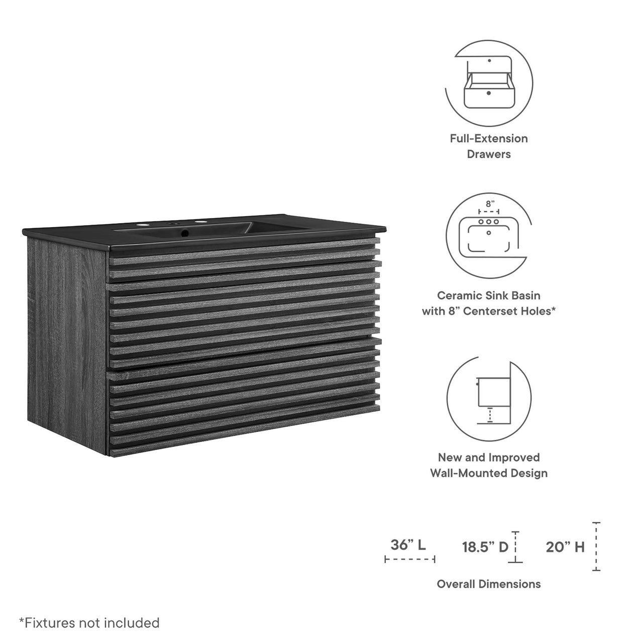 Ventra Floating Vanity Unit, Large, Charcoal & Black