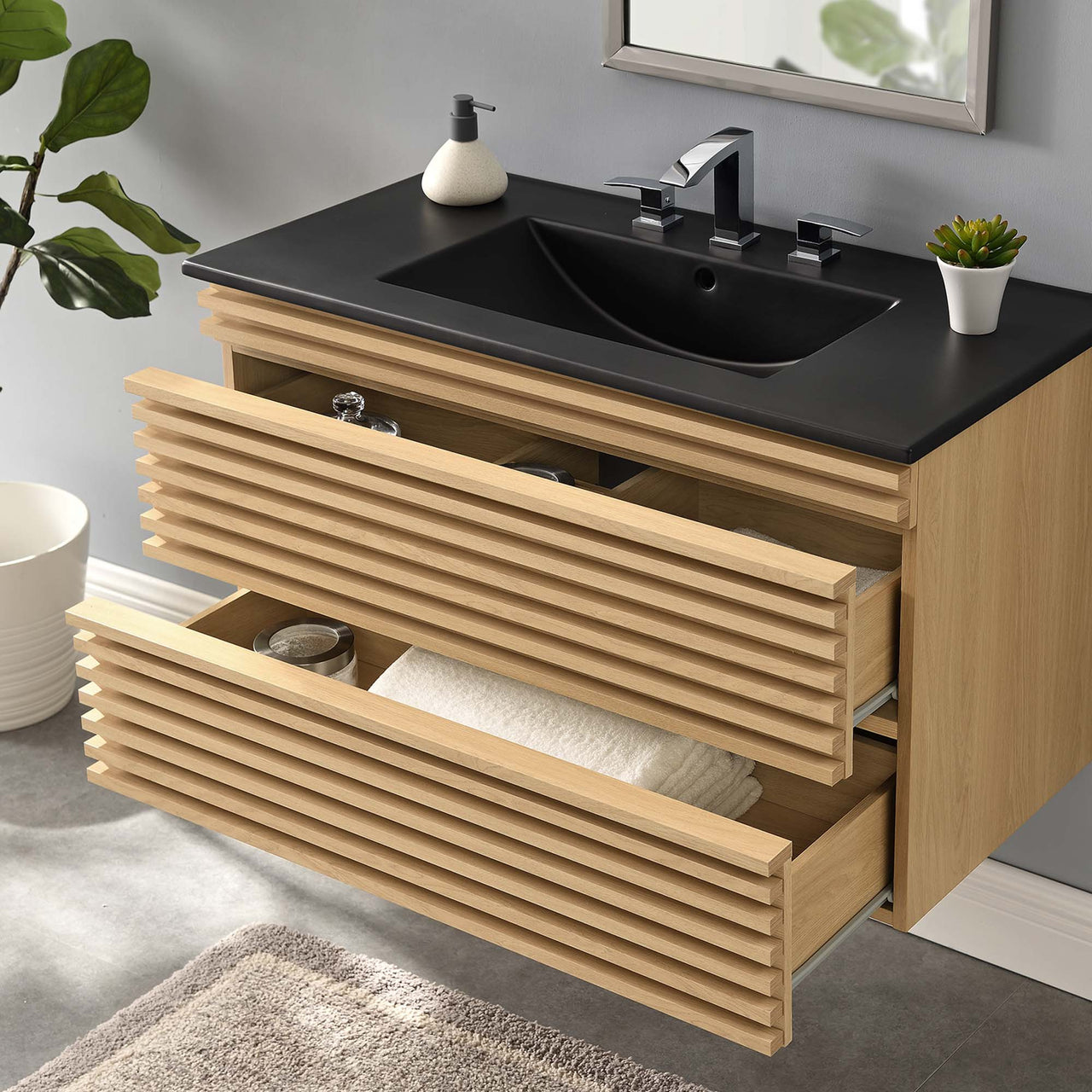 Ventra Floating Vanity Unit, Large, Oak & Black