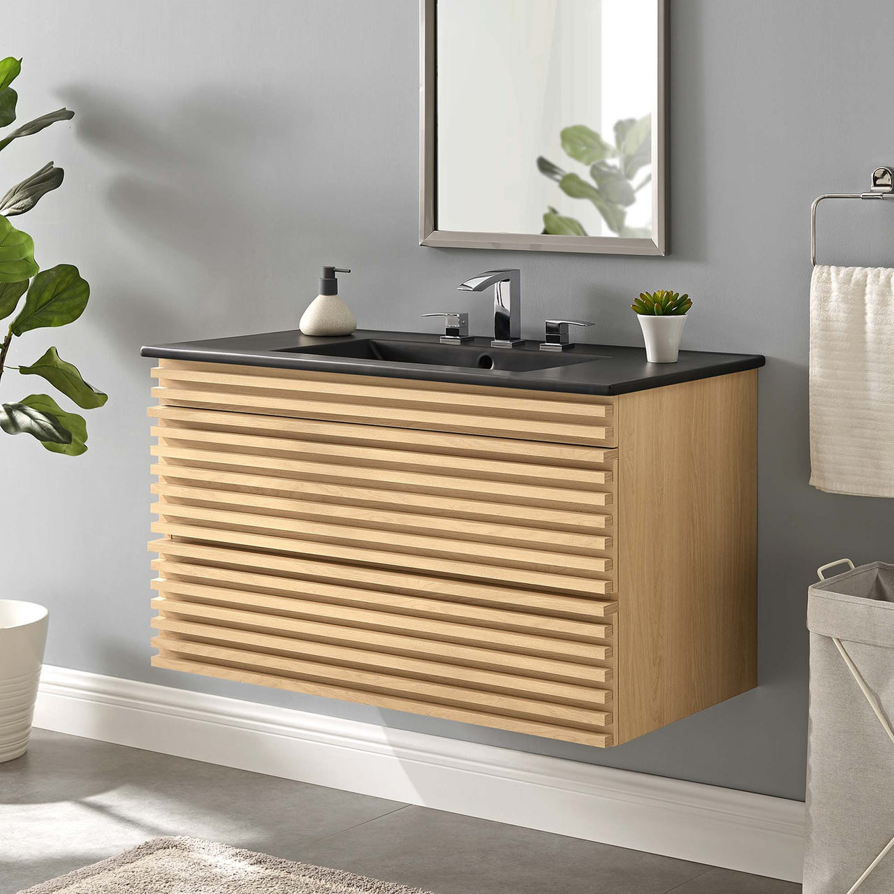 Ventra Floating Vanity Unit, Large, Oak & Black