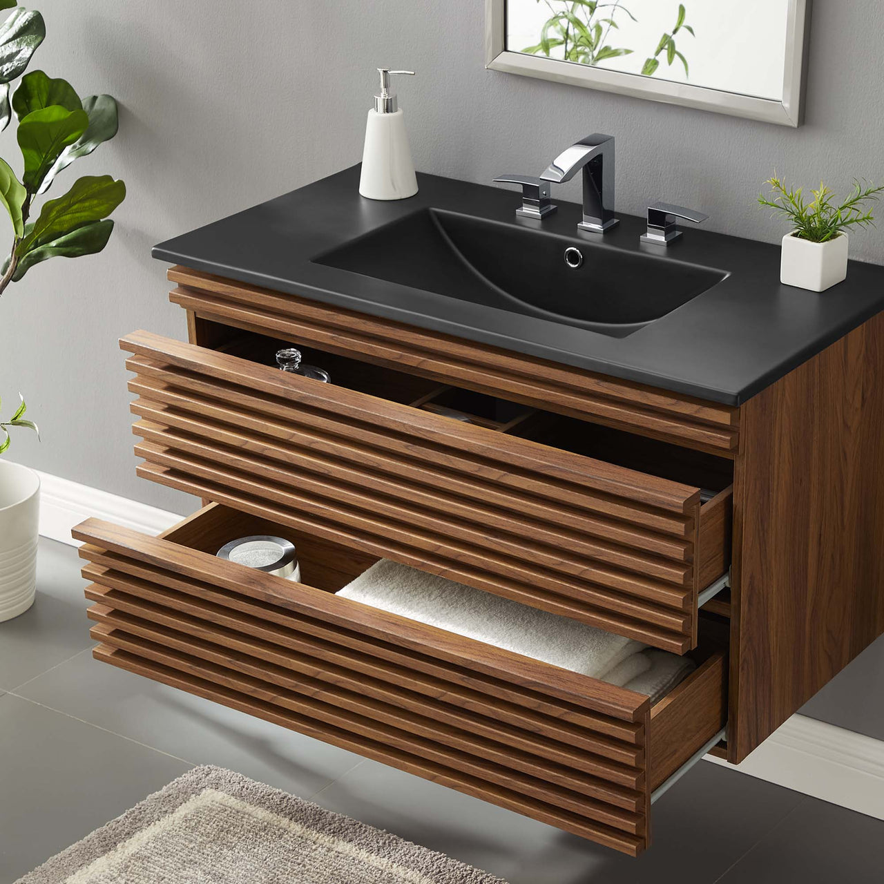Ventra Floating Vanity Unit, Large, Walnut & Black