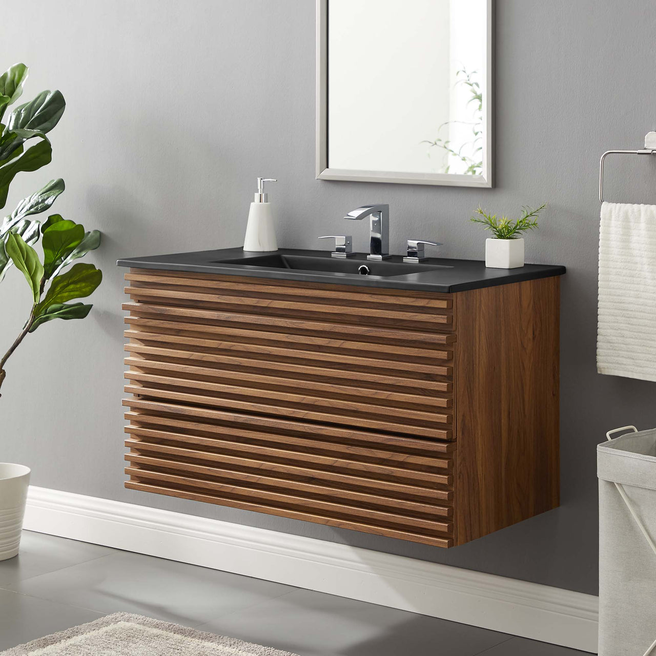 Ventra Floating Vanity Unit, Large, Walnut & Black