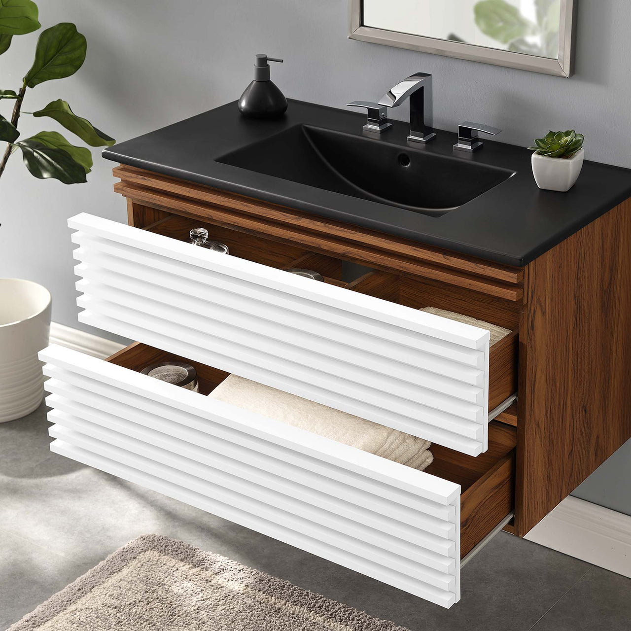 Ventra Floating Vanity Unit, Large, White, Walnut and Black