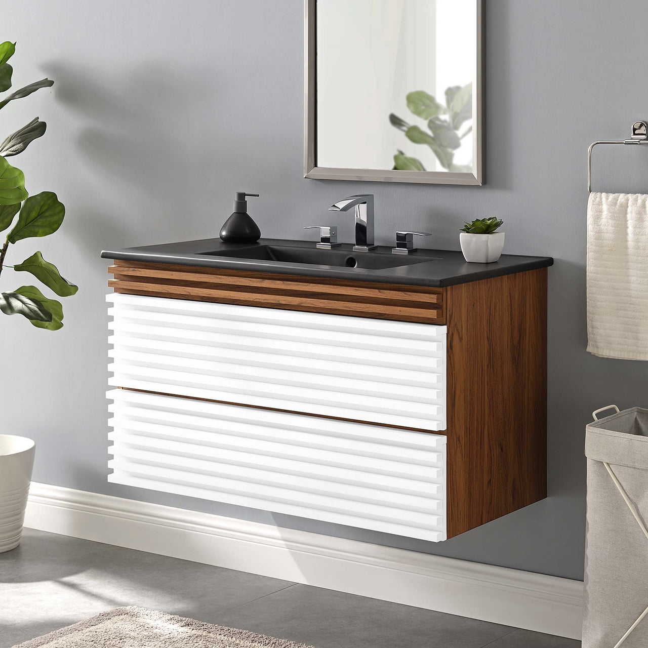 Ventra Floating Vanity Unit, Large, White, Walnut and Black
