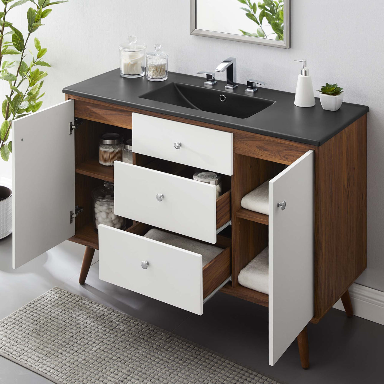 Erisen Single Sink Vanity Unit, Extra Large, Walnut & Black
