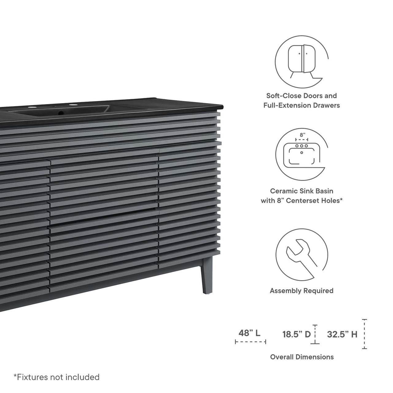 Ventra Single Sink Vanity Unit, Extra Large, Gray & Black