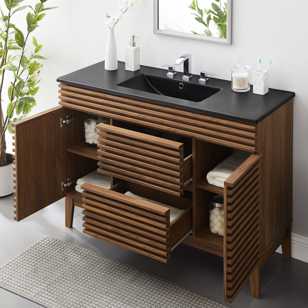 Ventra Single Sink Vanity Unit, Extra Large, Walnut & Black