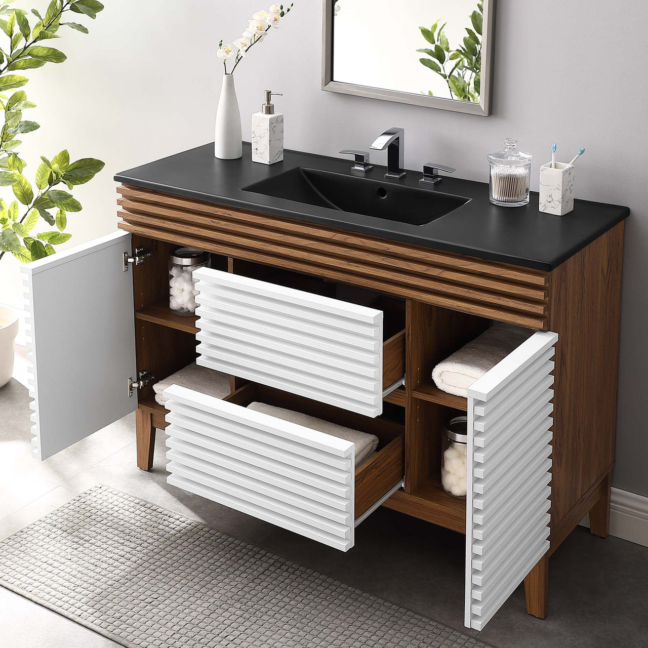 Ventra Single Sink Vanity Unit, Extra Large, White, Walnut and Black