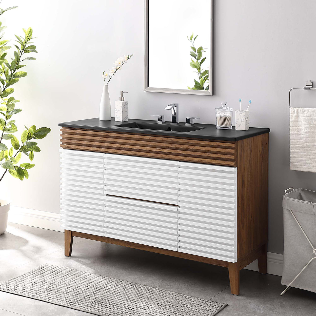 Ventra Single Sink Vanity Unit, Extra Large, White, Walnut and Black
