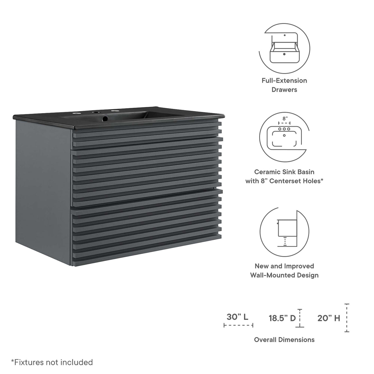 Ventra Floating Vanity Unit, Medium, Gray & Black