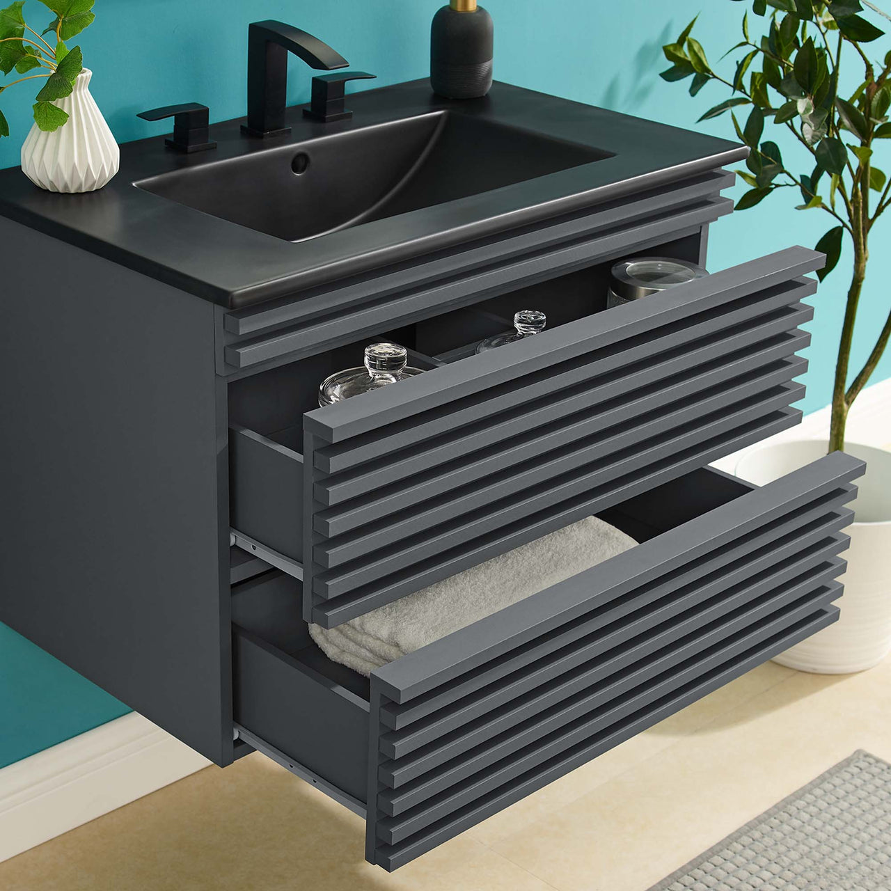 Ventra Floating Vanity Unit, Medium, Gray & Black
