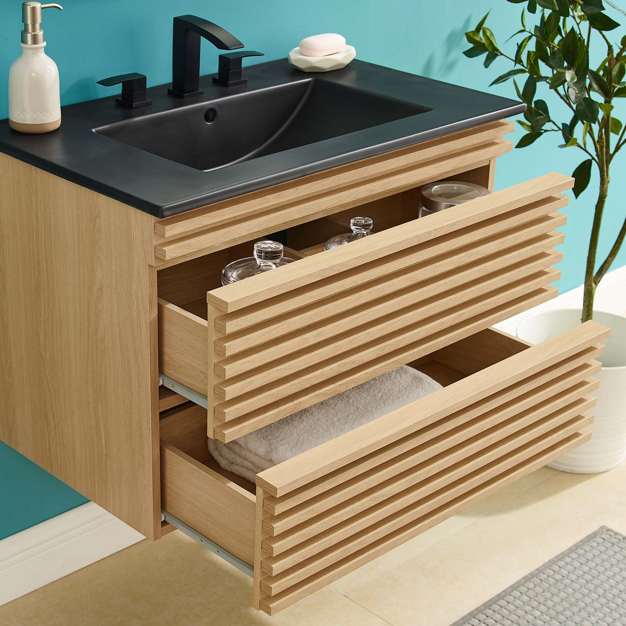 Ventra Floating Vanity Unit, Medium, Oak & Black