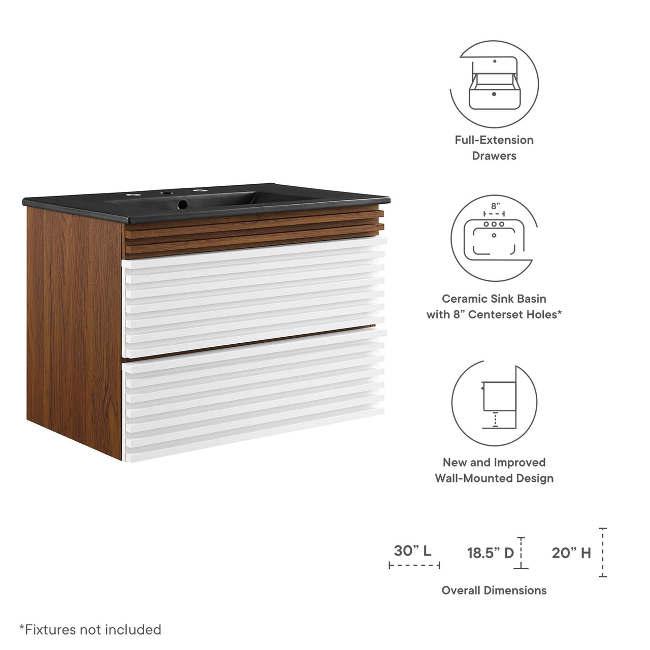 Ventra Floating Vanity Unit, Medium, White, Walnut and Black