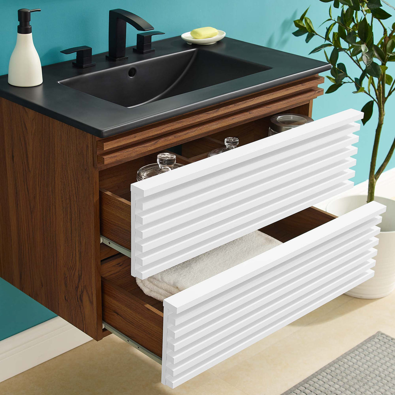 Ventra Floating Vanity Unit, Medium, White, Walnut and Black