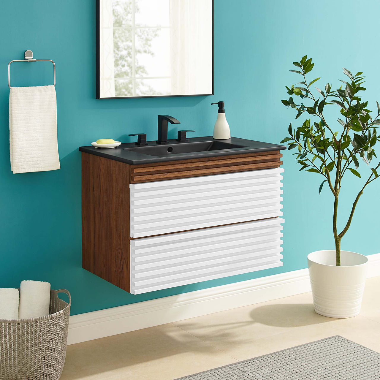 Ventra Floating Vanity Unit, Medium, White, Walnut and Black