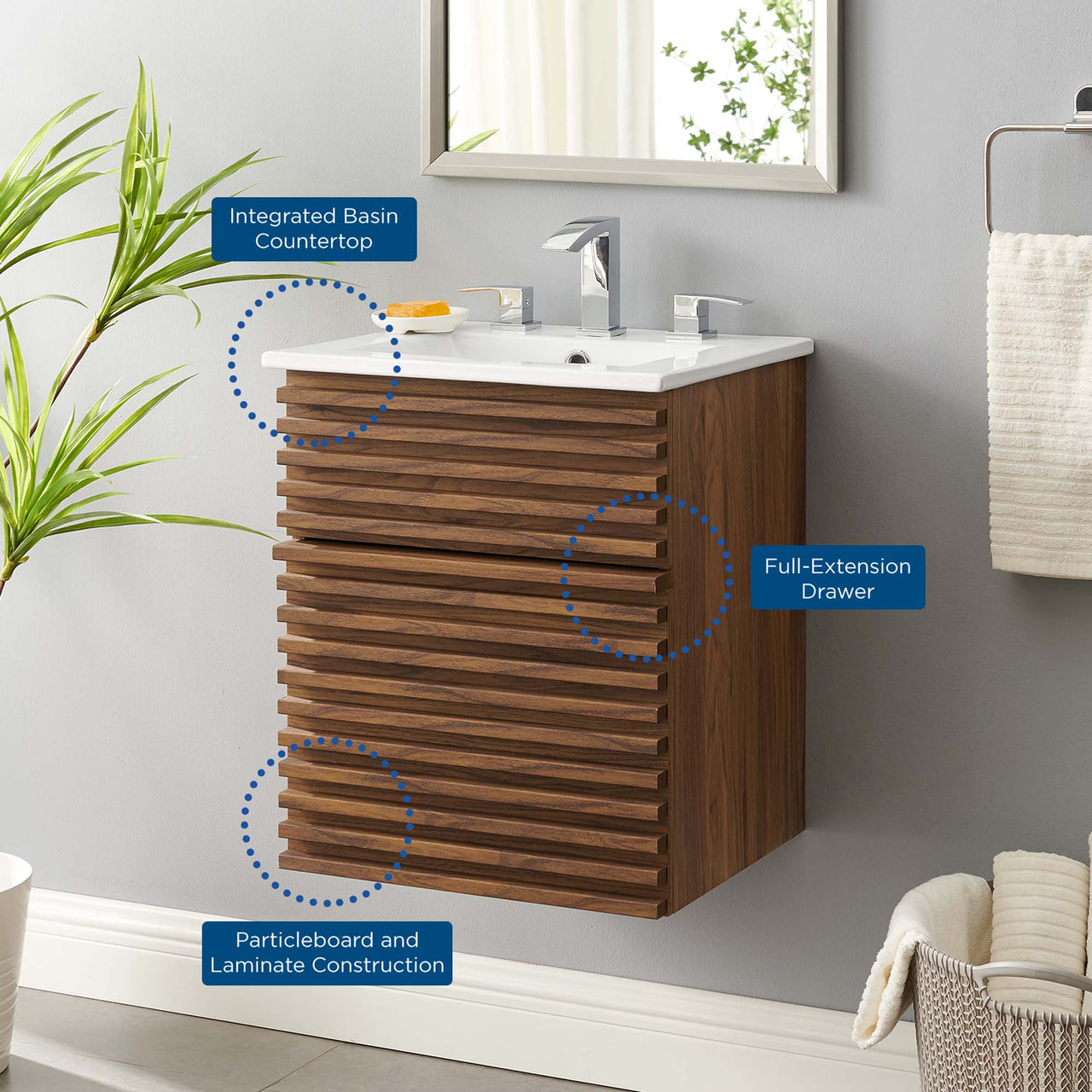 Ventra Floating Vanity Unit, Extra Small, Walnut & White