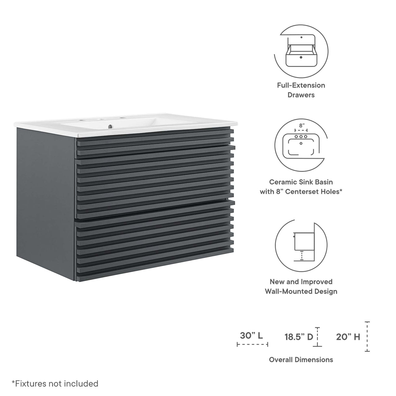 Ventra Floating Vanity Unit, Medium, Gray & White