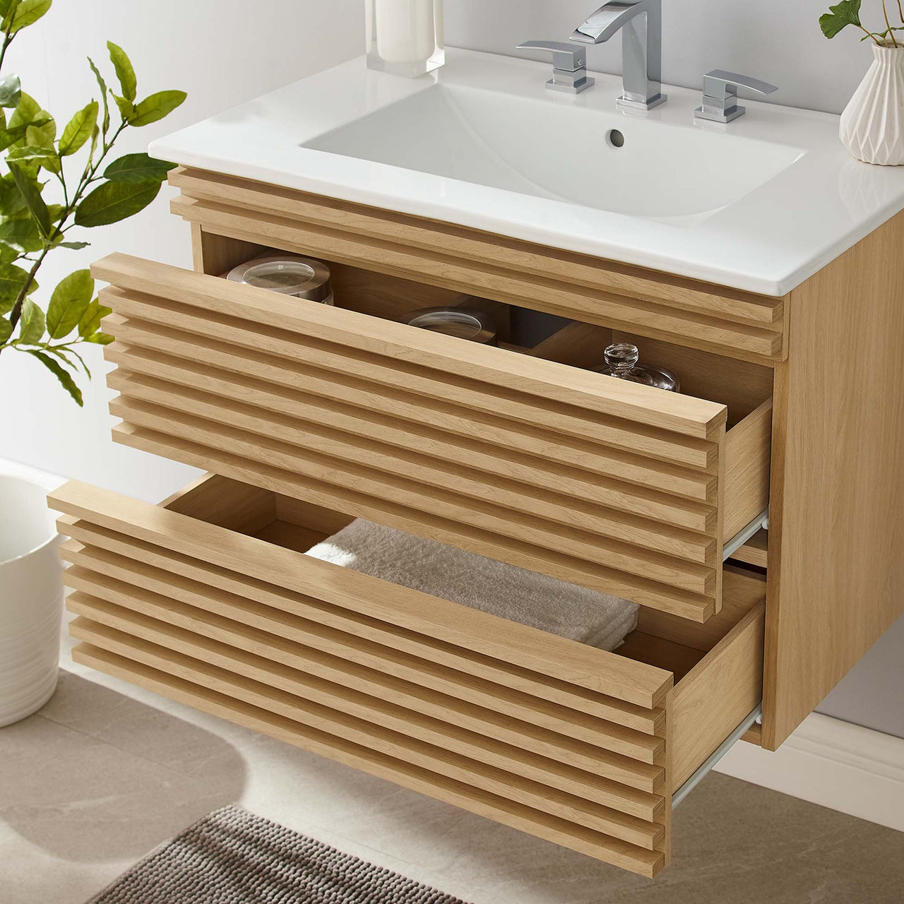 Ventra Floating Vanity Unit, Medium, Oak & White