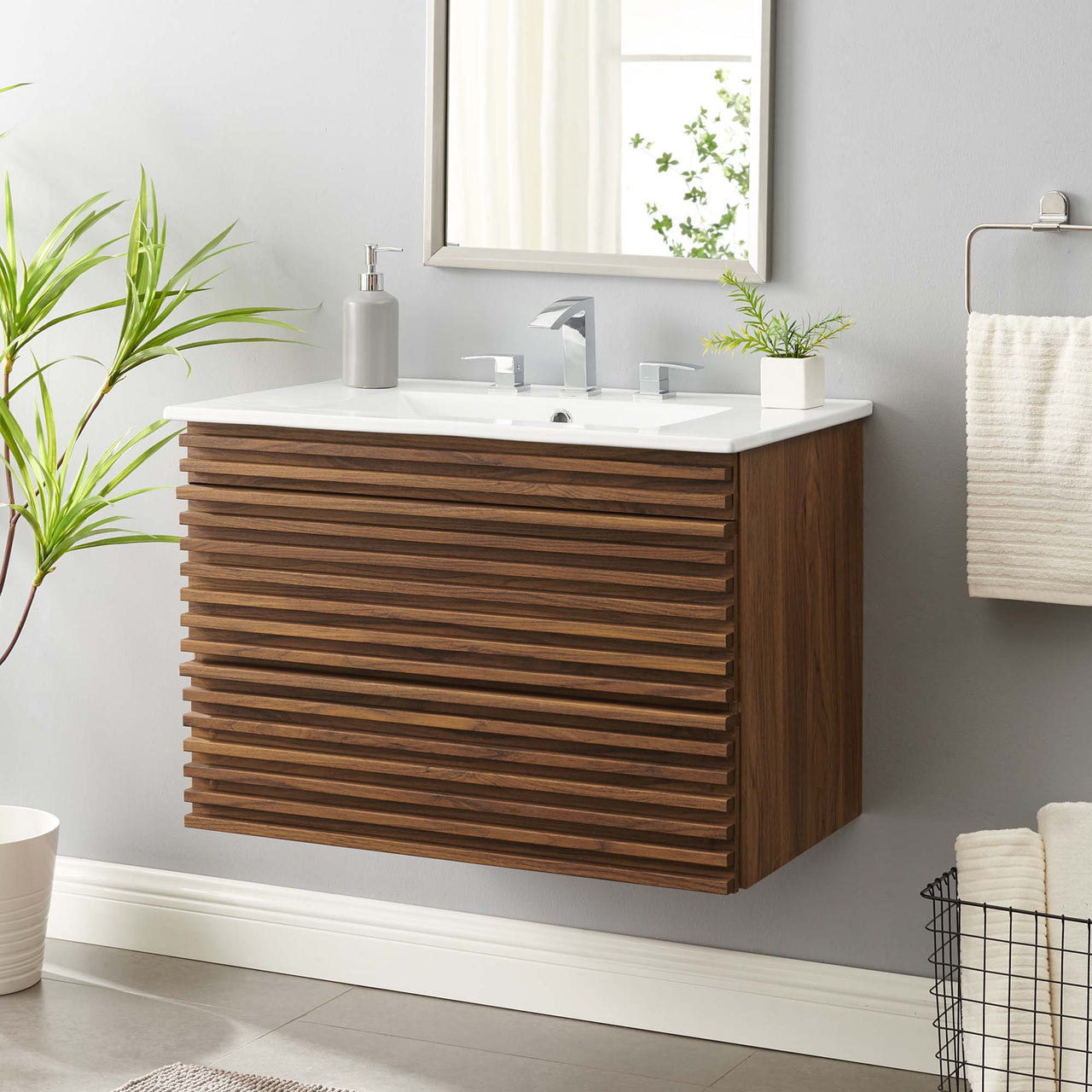 Ventra Floating Vanity Unit, Medium, Walnut & White