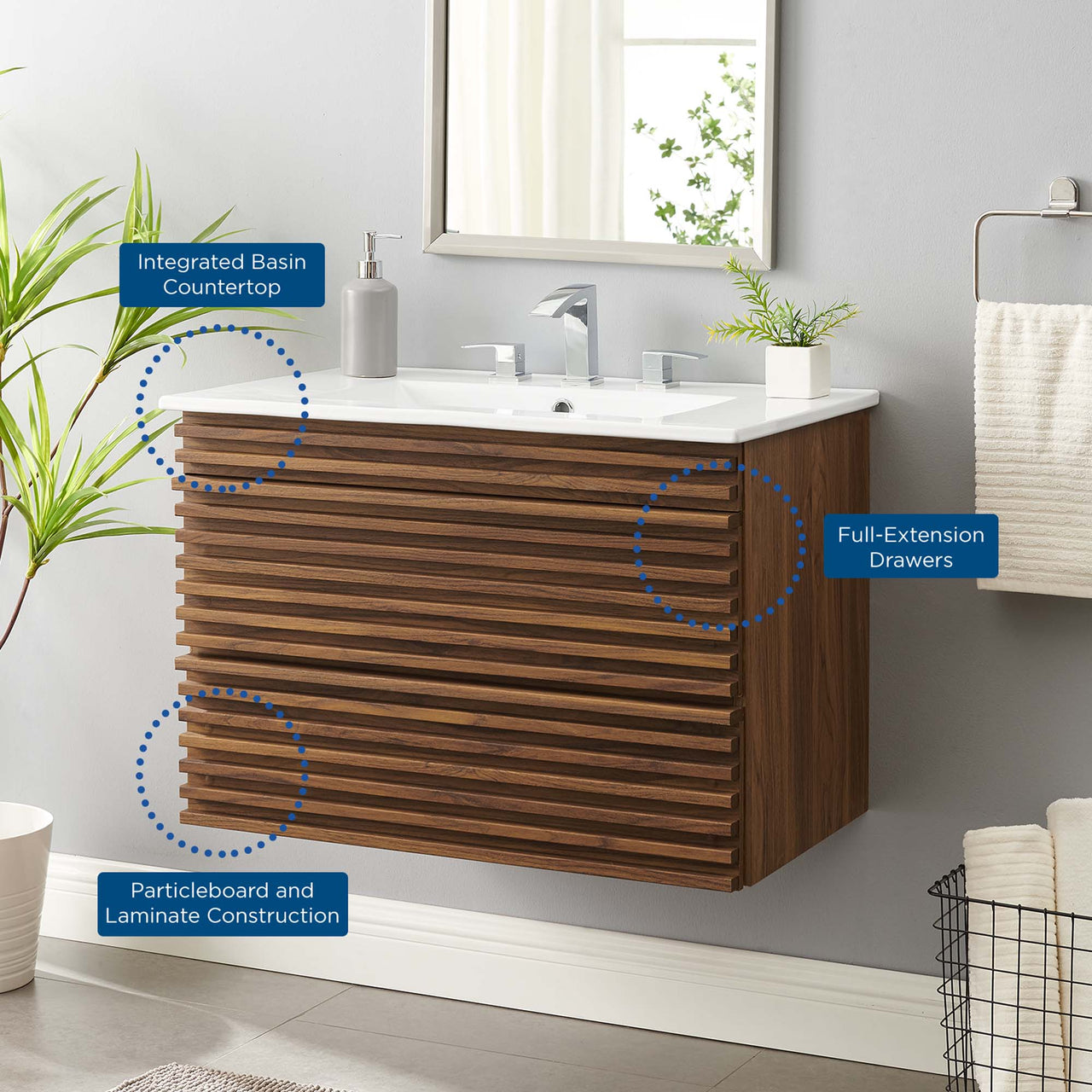 Ventra Floating Vanity Unit, Medium, Walnut & White