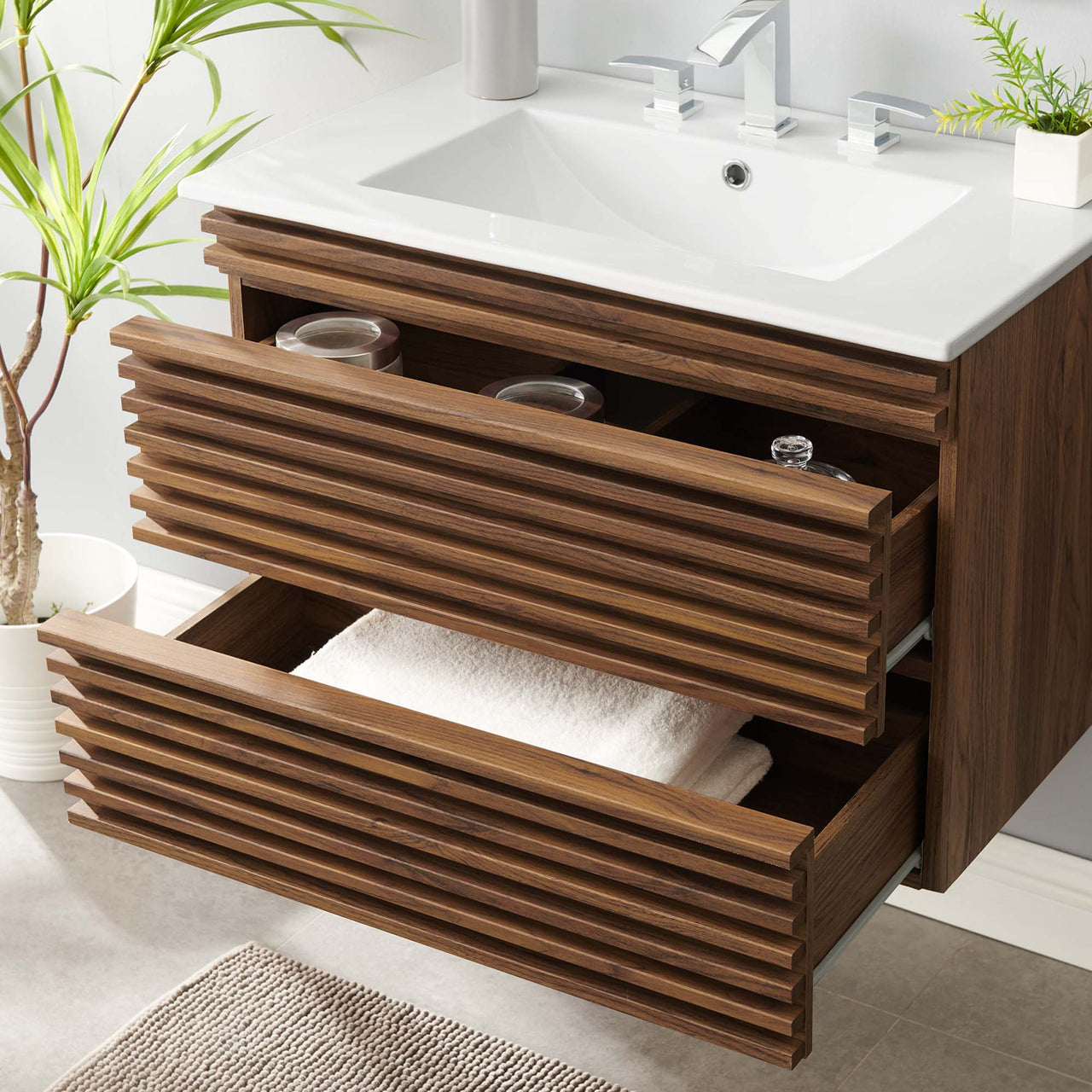 Ventra Floating Vanity Unit, Medium, Walnut & White