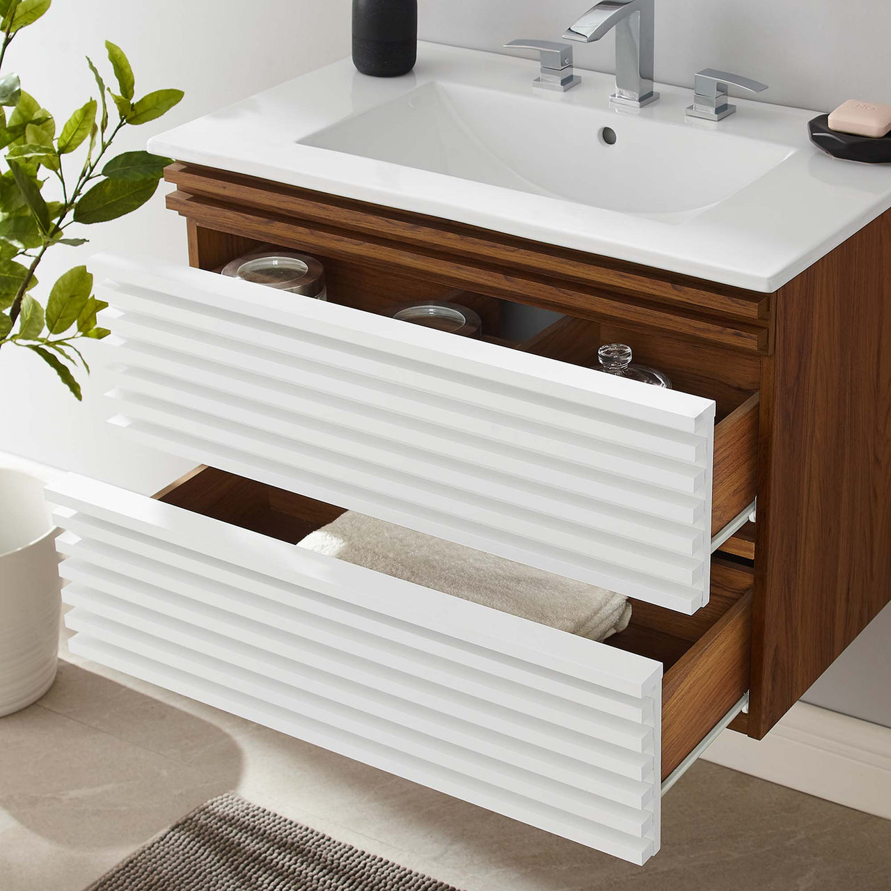 Ventra Floating Vanity Unit, Medium, Walnut & White