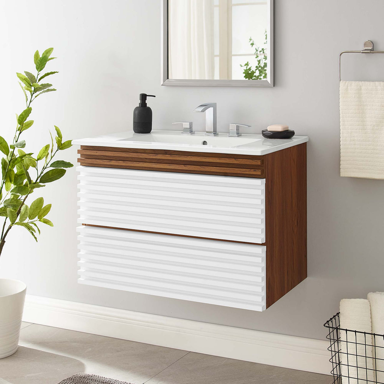 Ventra Floating Vanity Unit, Medium, Walnut & White