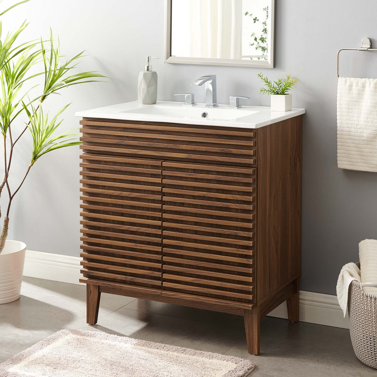 Ventra Vanity Base with Storage, Medium, Walnut & White