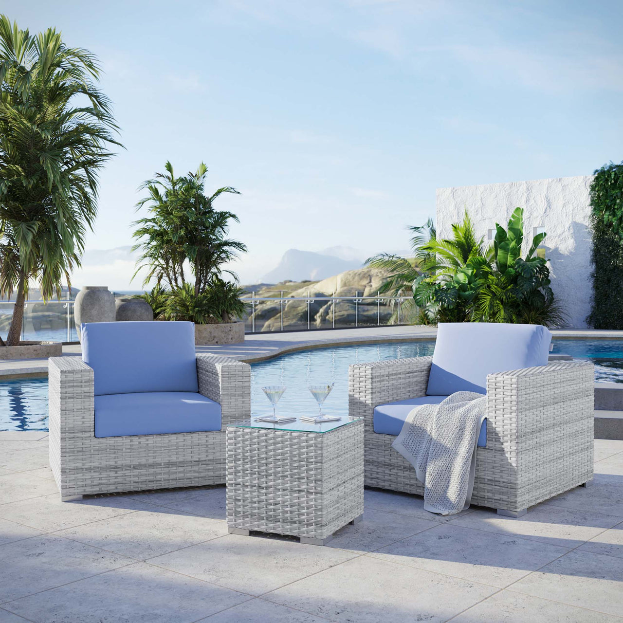 Conversation 3-Piece Alfresco Set, Light Gray & Light Blue