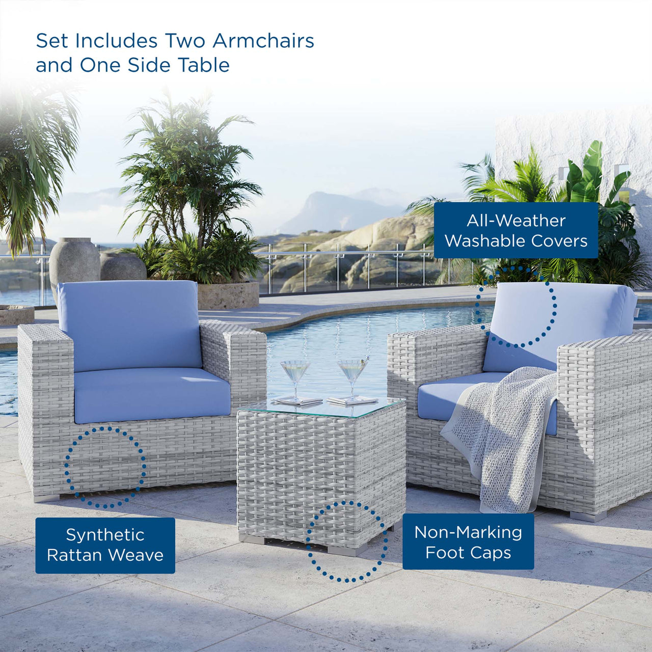 Conversation 3-Piece Alfresco Set, Light Gray & Light Blue