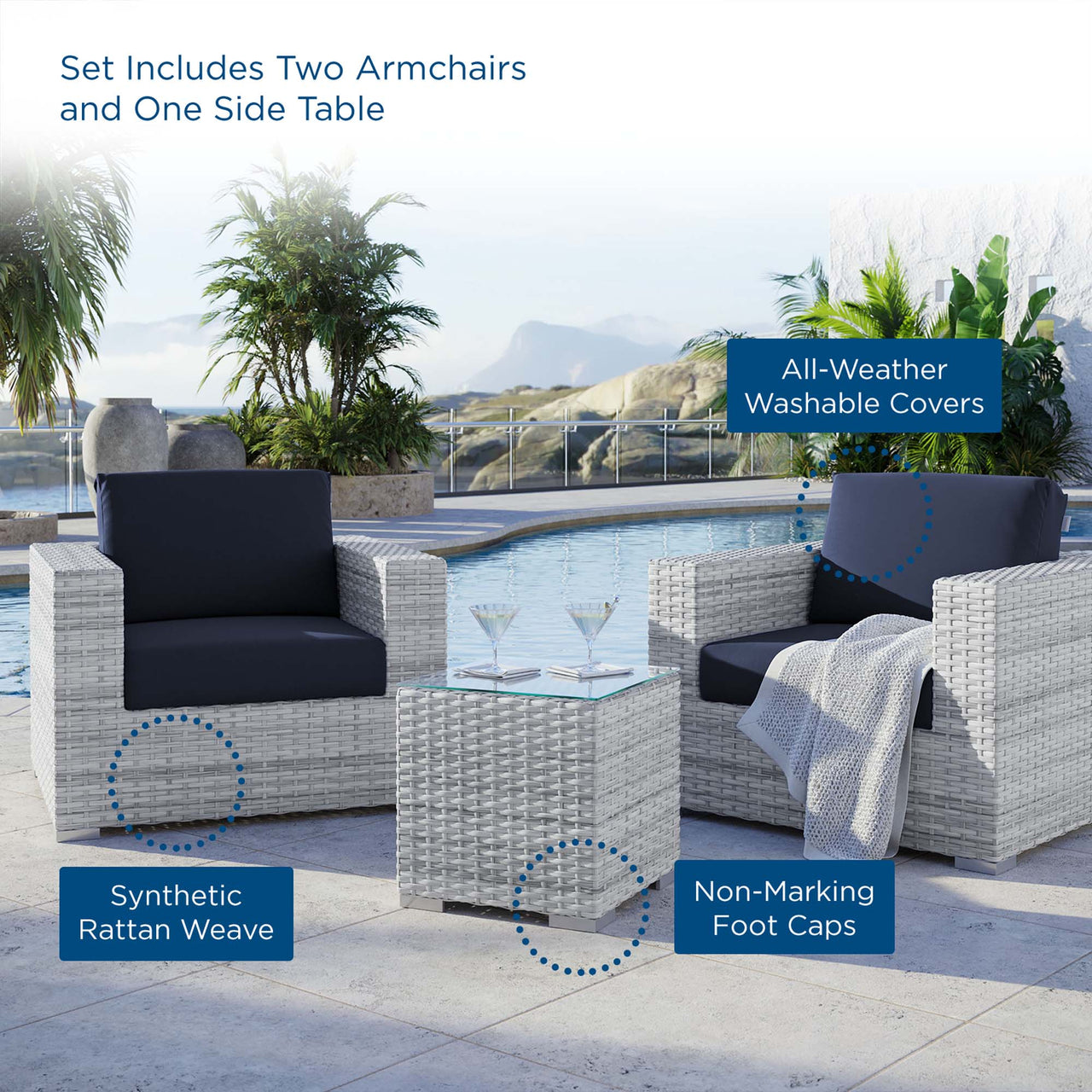 Conversation 3-Piece Alfresco Set, Light Gray & Navy