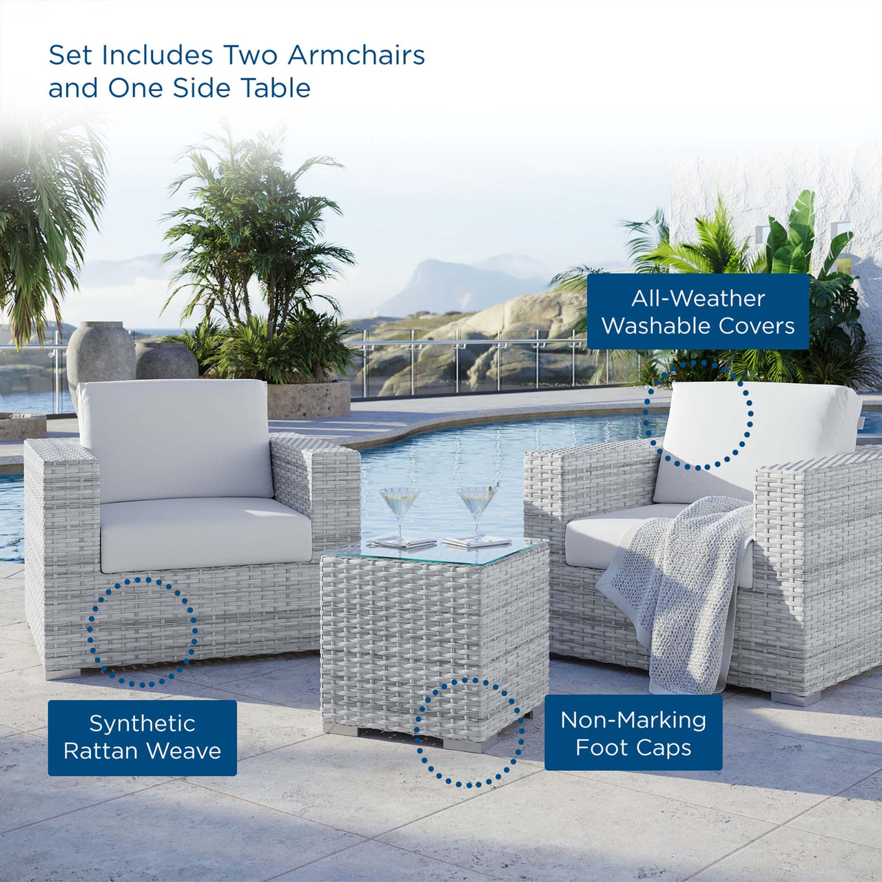 Conversation 3-Piece Alfresco Set, Light Gray & White