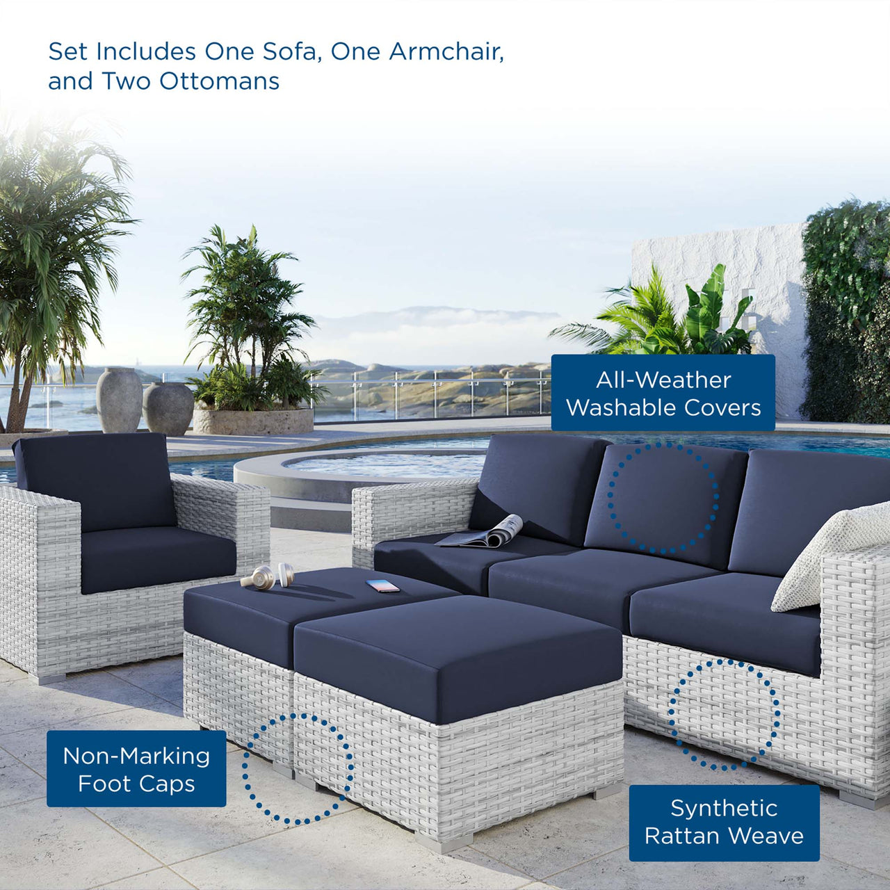 Conversation 4-Piece Alfresco Set, Light Gray & Navy