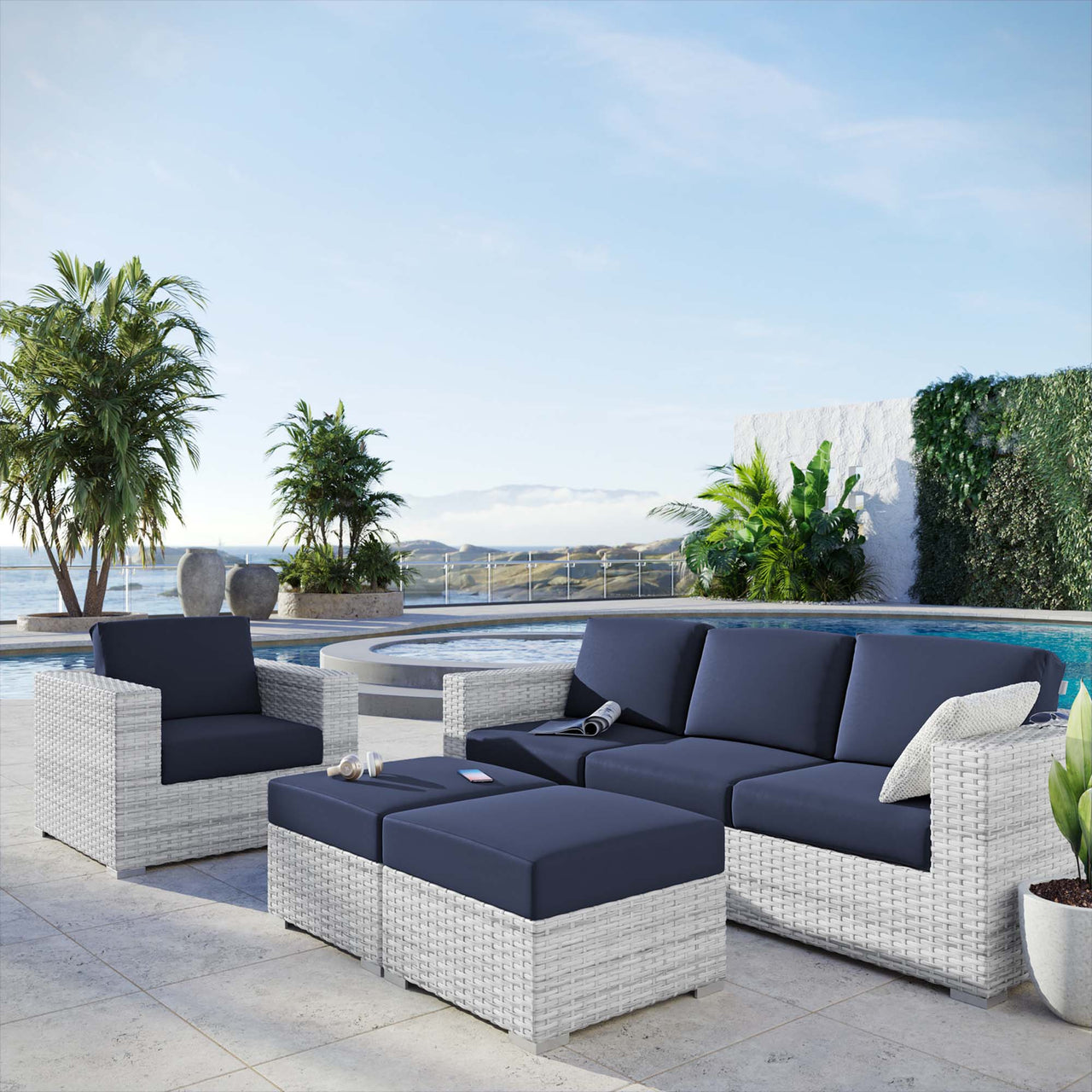 Conversation 4-Piece Alfresco Set, Light Gray & Navy