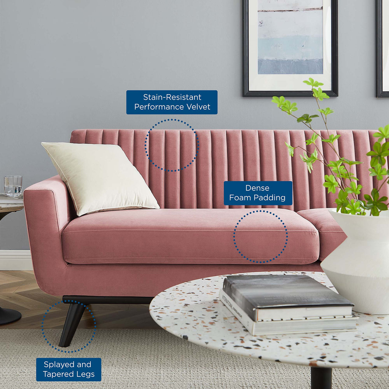 Rendezvous Velvet Sofa, Dusty Rose