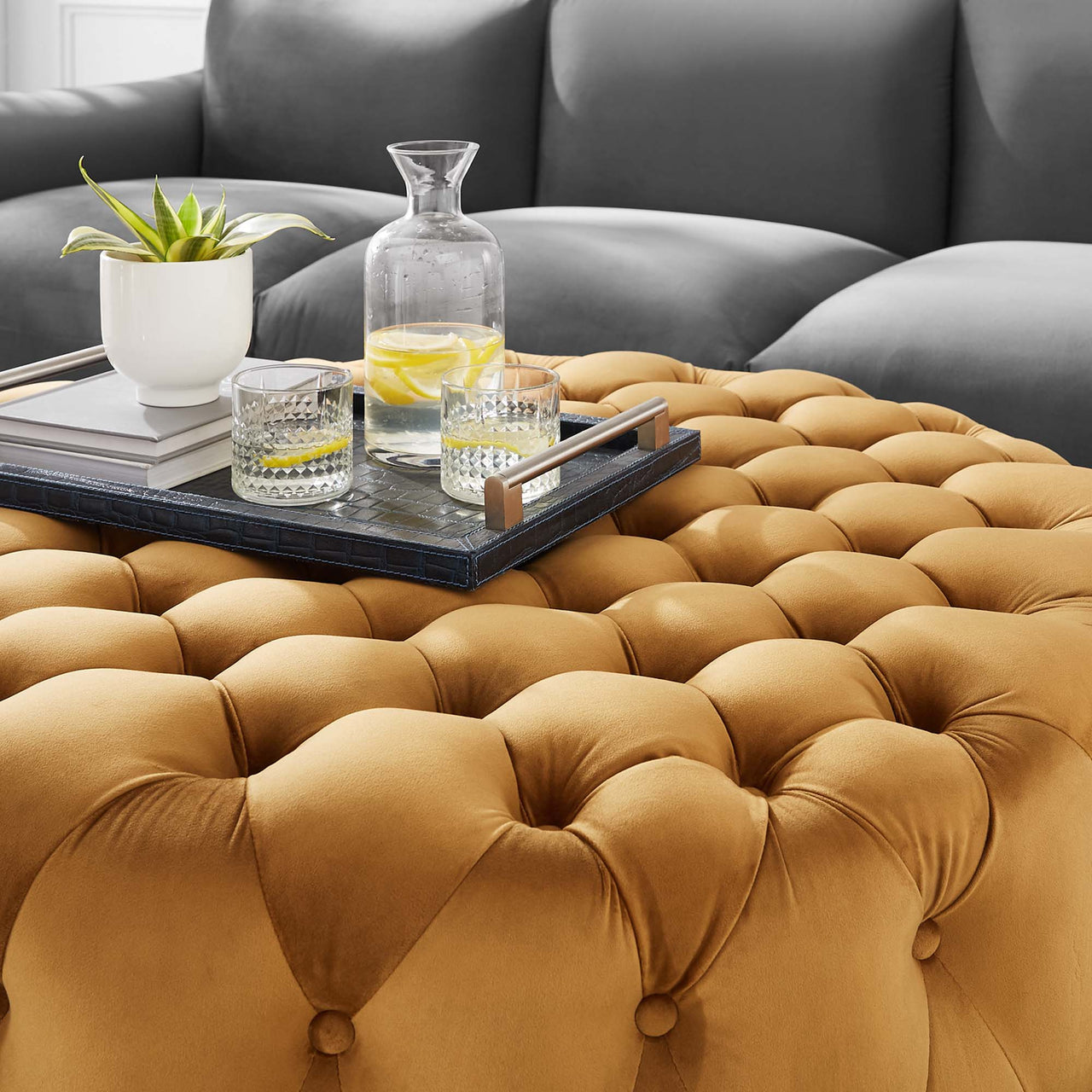 Love Round Velvet Ottoman, Large, Cognac