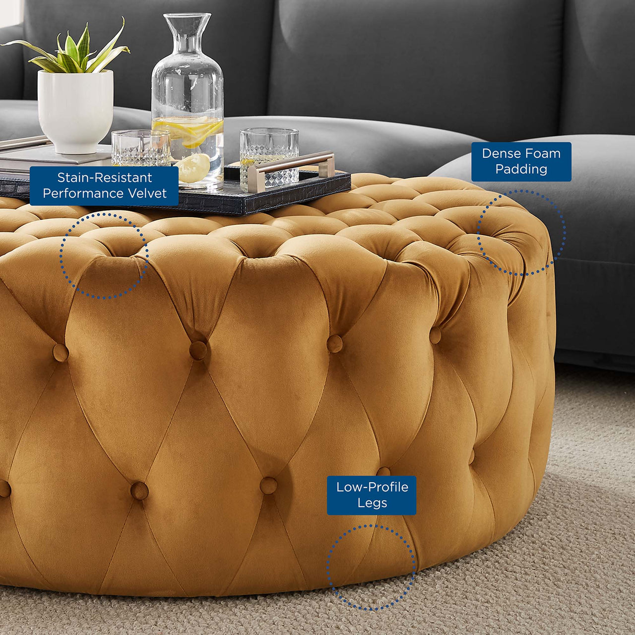 Love Round Velvet Ottoman, Large, Cognac