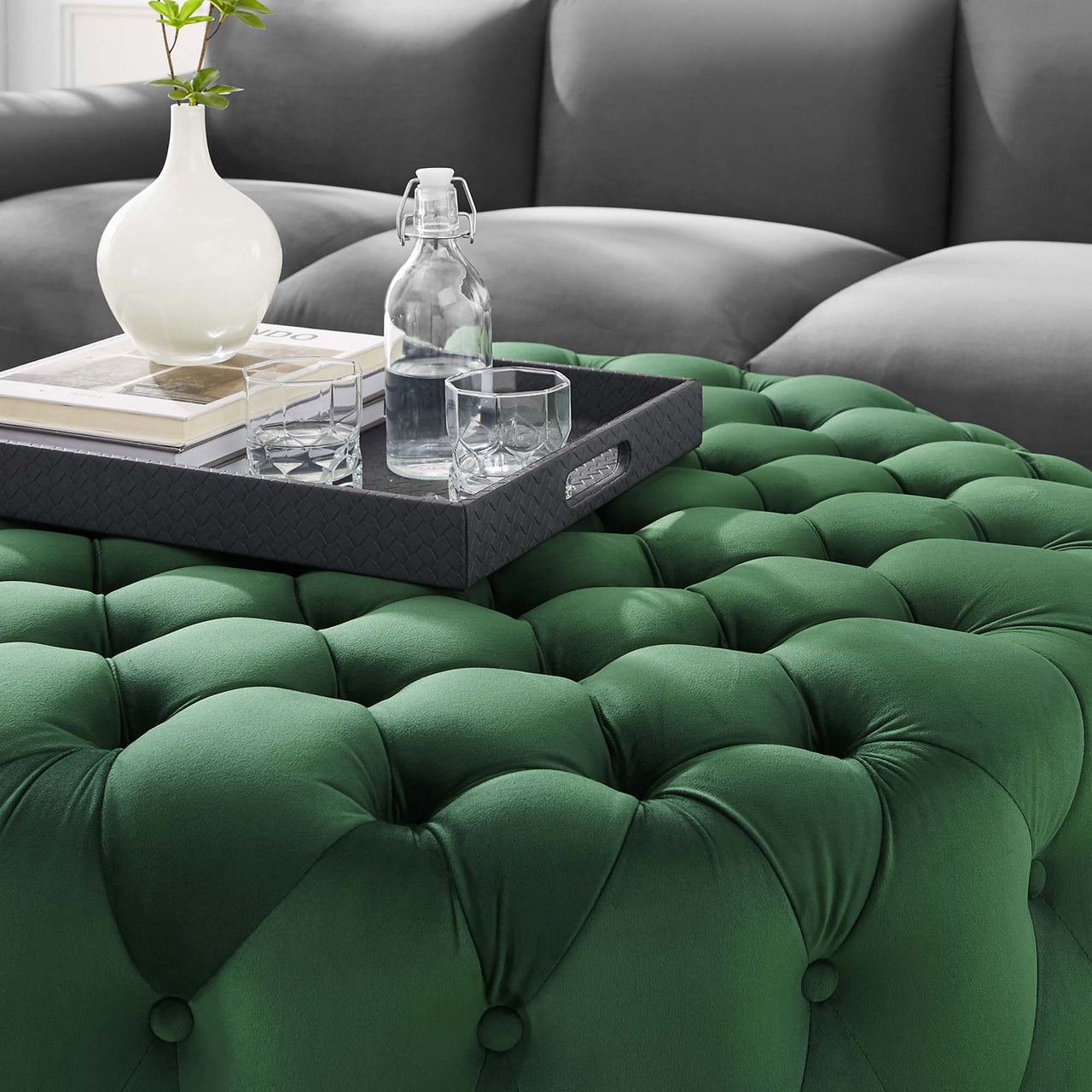 Love Round Velvet Ottoman, Large, Emerald