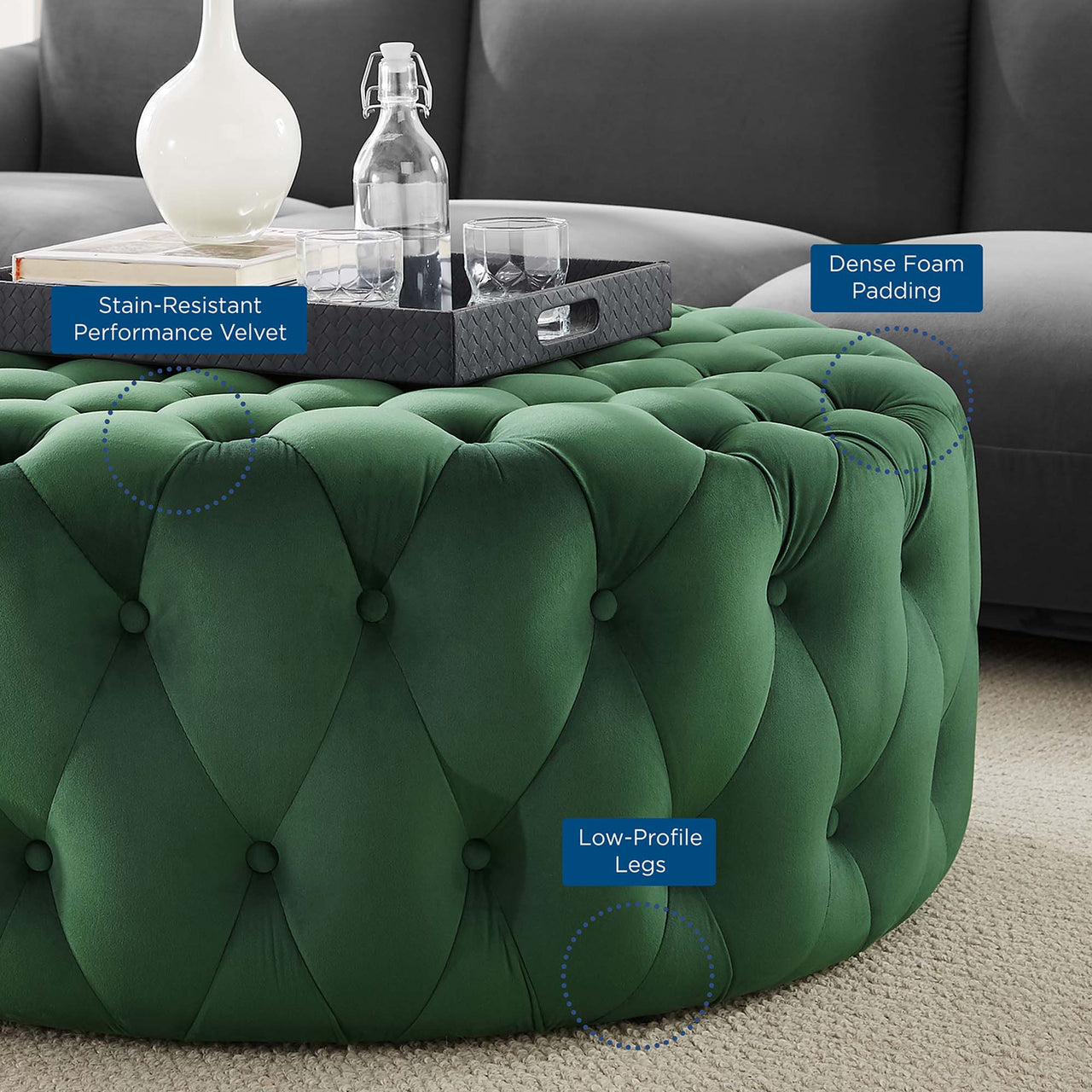Love Round Velvet Ottoman, Large, Emerald