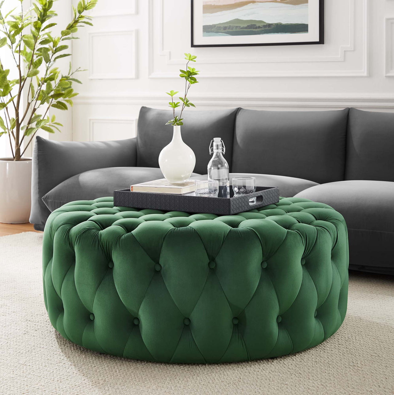 Love Round Velvet Ottoman, Large, Emerald