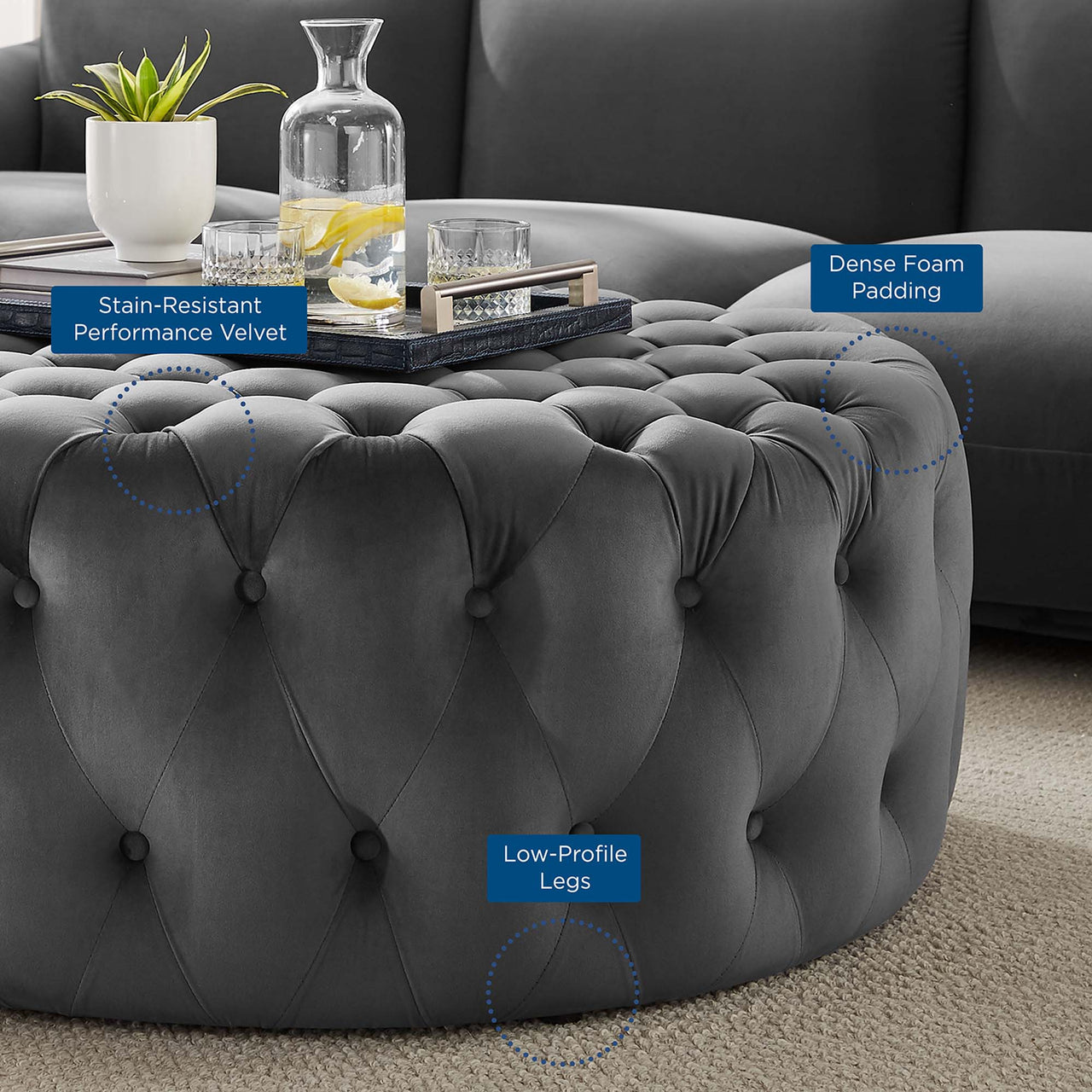 Love Round Velvet Ottoman, Large, Gray