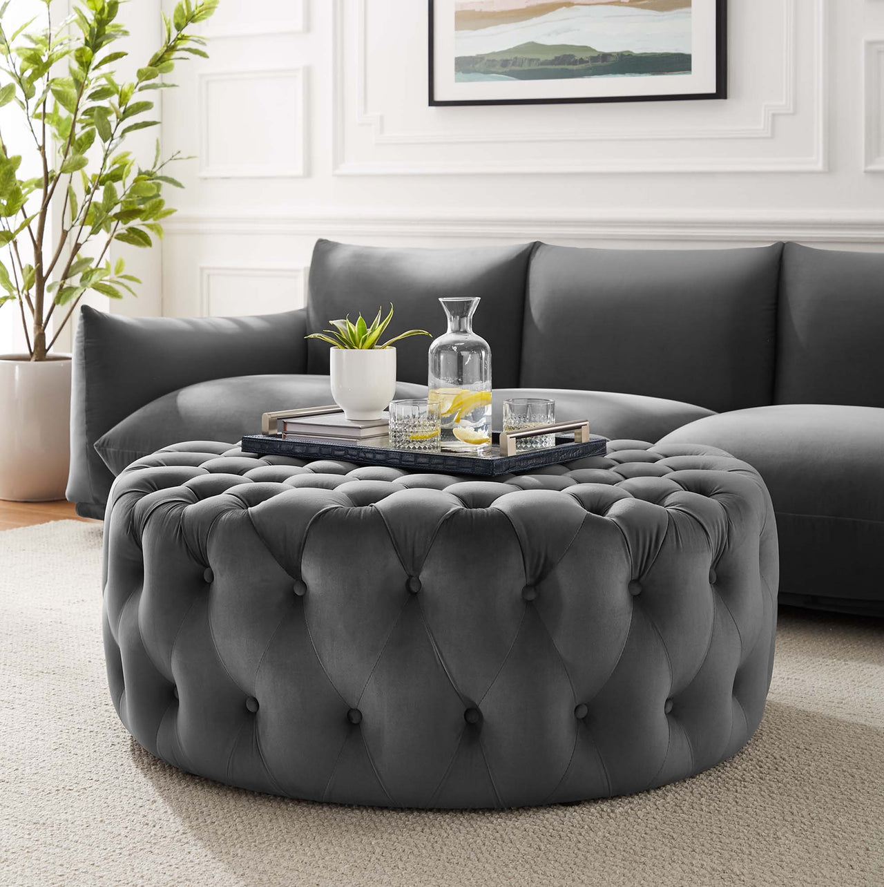 Love Round Velvet Ottoman, Large, Gray
